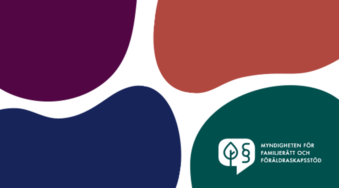 Myndigheten för familjerätt och föräldraskapsstöds logotyp på en bakgrund med flera färger.