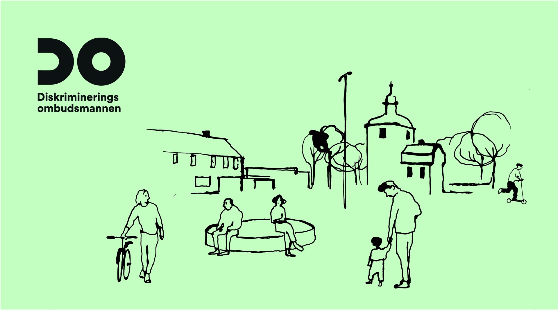 Illustration av människor i en park. Logotyp: Diskrimineringsombudsmannen (DO).