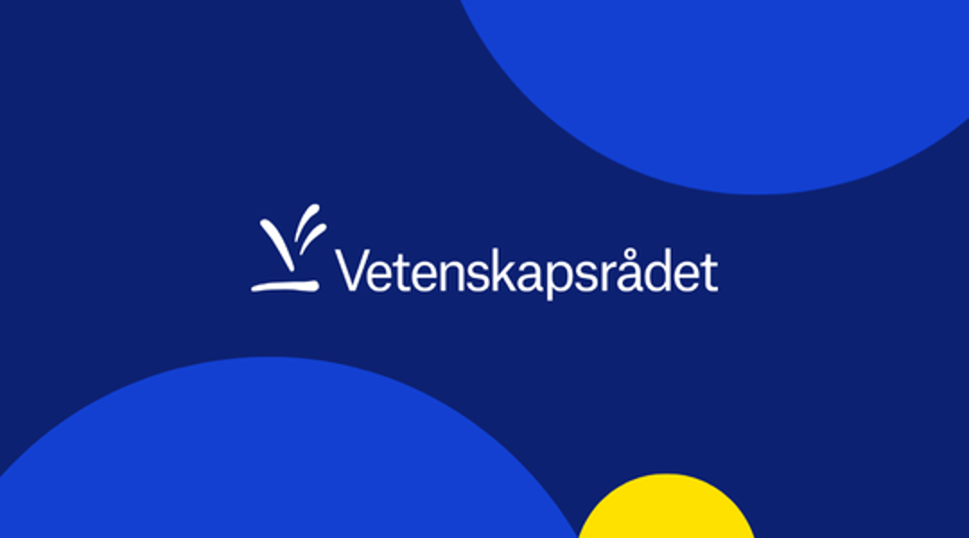 Logotyp för Vetenskapsrådet ligger på en mörkblå bakgrund, men halva cirklar som är ljusblå och gul.