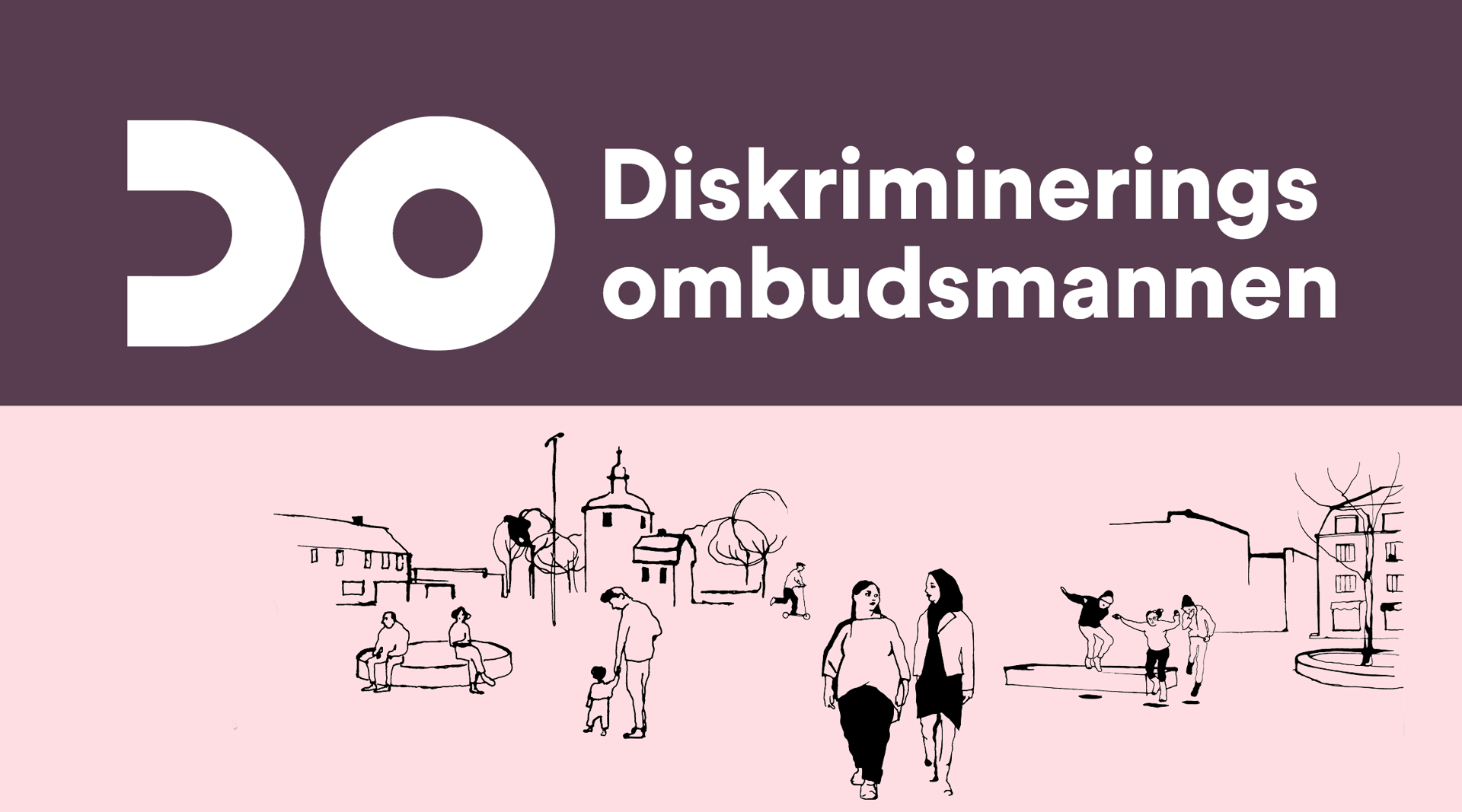 En skissad bild på en gård med ungdomar som leker till höger och ett träd till vänster. I topp Diskrimineringsombudsmannens logga.