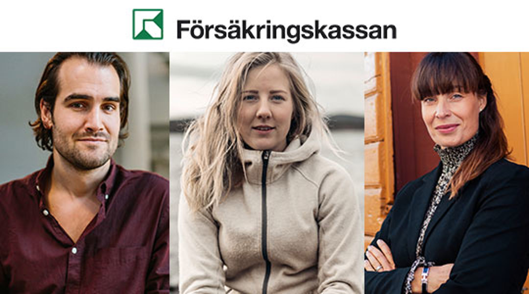 Tre personer bredvid varandra och Försäkringskassans logotyp i topp.