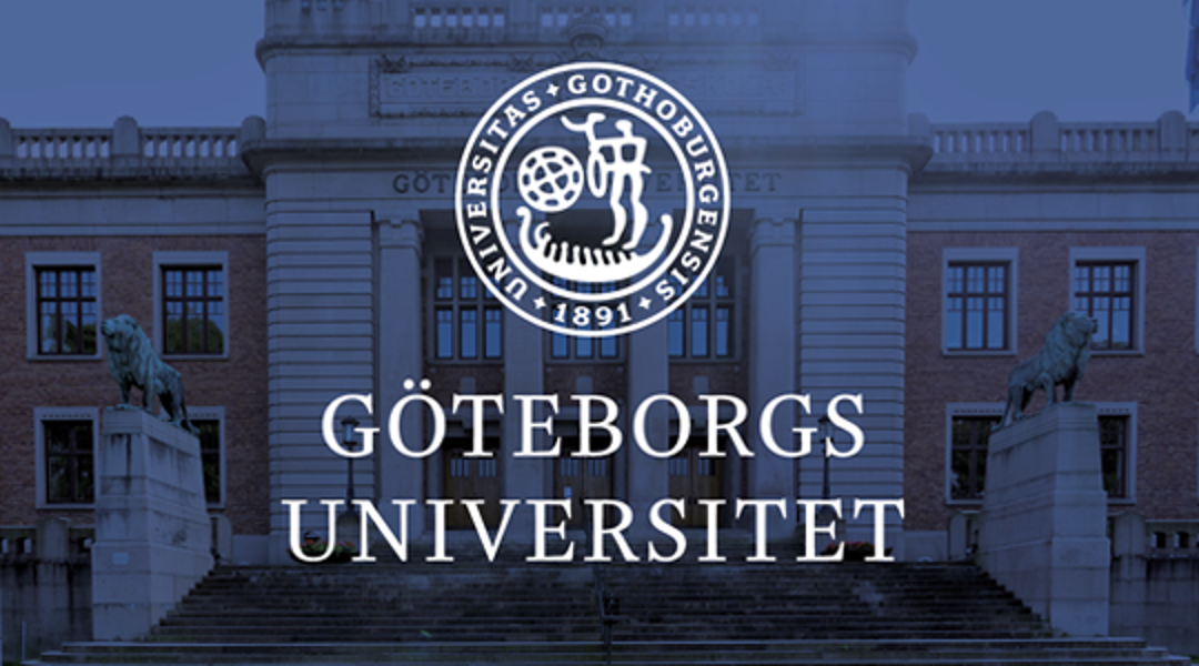 Universitetsbyggnad i bakgrunden med texten Göteborgs universitet i förgrunden.