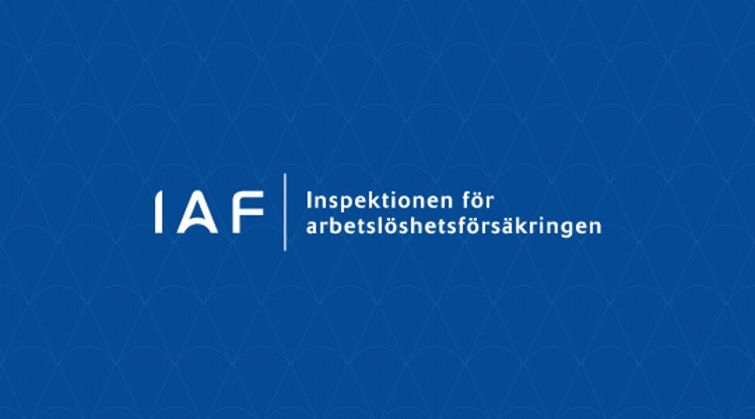 Blå ruta med Inspektionen för arbetslöshetsersättningens logotyp i vitt.