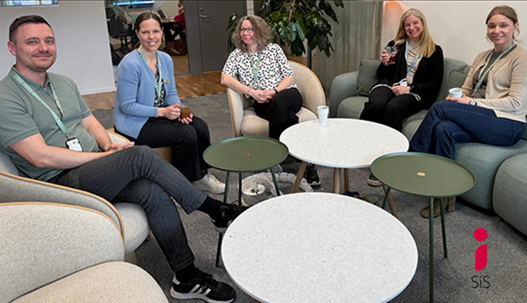 Fem personer sitter runt flera små bord. Logotypen för SiS i nedre högra hörnet.