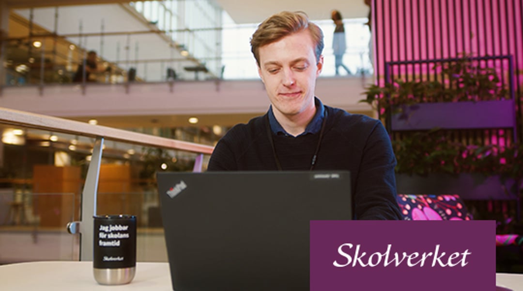 Bild på en person vid en datorskärm. Skolverkets logotyp.