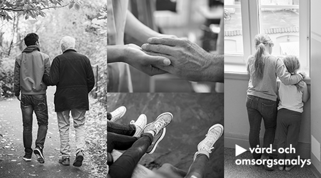 Svartvita bilder av människor i olika åldrar: två personer som promenerar, händer som hålls, fötter bredvid varandra och två personer som ser ut genom ett fönster. Logotyp: Vård- och omsorgsanalys.